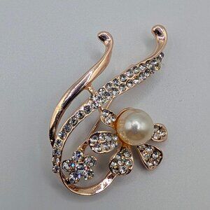 Floral Shaped Brooch Pin - Rose Gold Tone - Faux Pearl and Clear Rhinestones